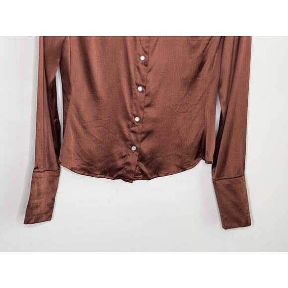 Cache Y2K Silk Long Sleeve Collared Pearl Snap Satin Button-Up Shirt Brown Small - Picture 4 of 8